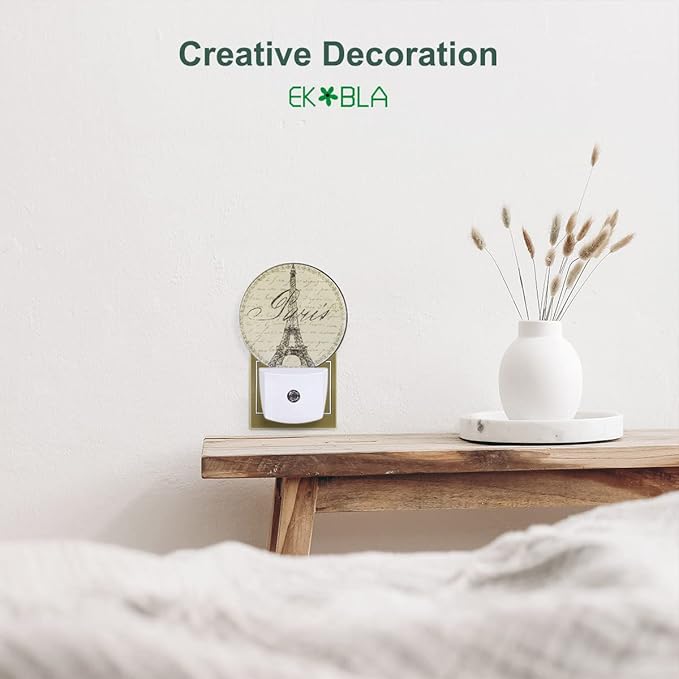 EKOBLA Boho Beige Paris Night Light Vintage Eiffel Tower France Night Lights Plug into Wall with Dusk to Dawn Sensor Home Plug Wall Light for Boys Girls Men Women