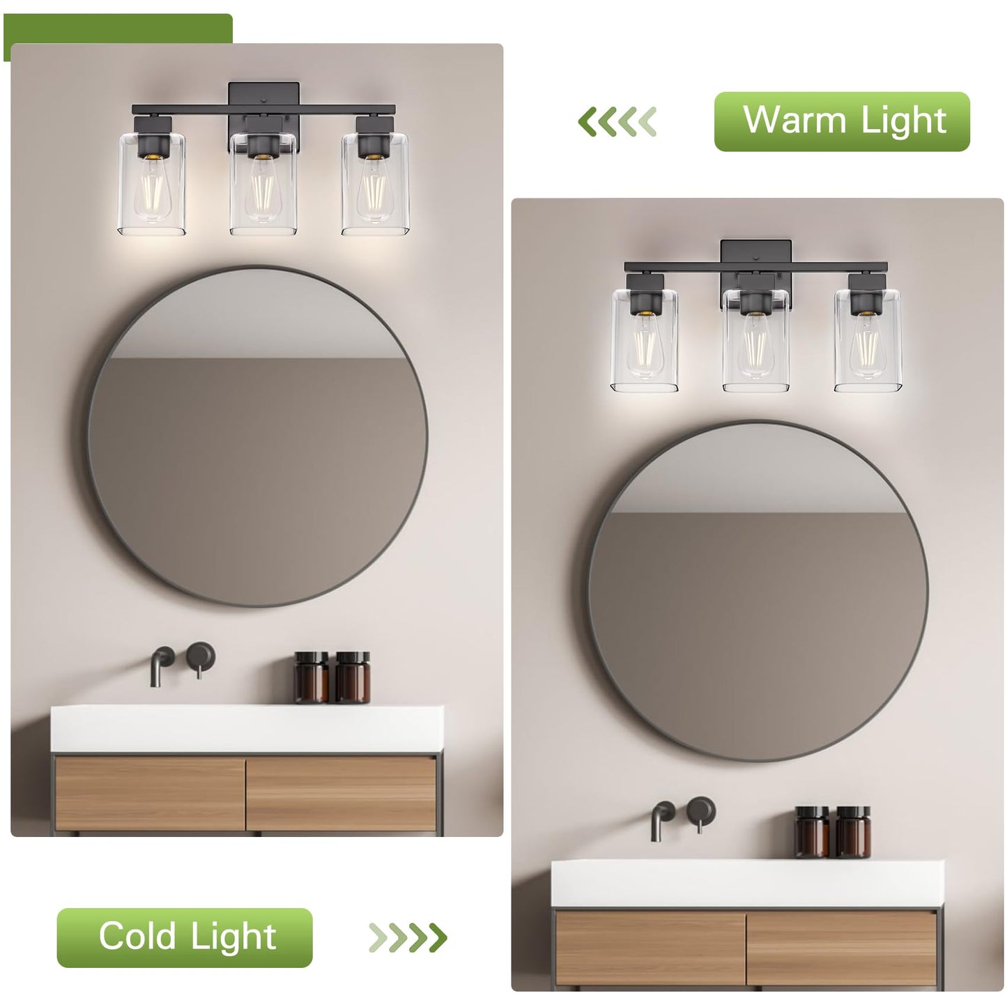 Espird Matte Black Bathroom Vanity Light, 3-Light Vanity Lighting fixtures Over Mirror, Square Design & UL Certification, Wall Sconces with Clear Glass Shades, E26 Socket (Bulbs Not Included)