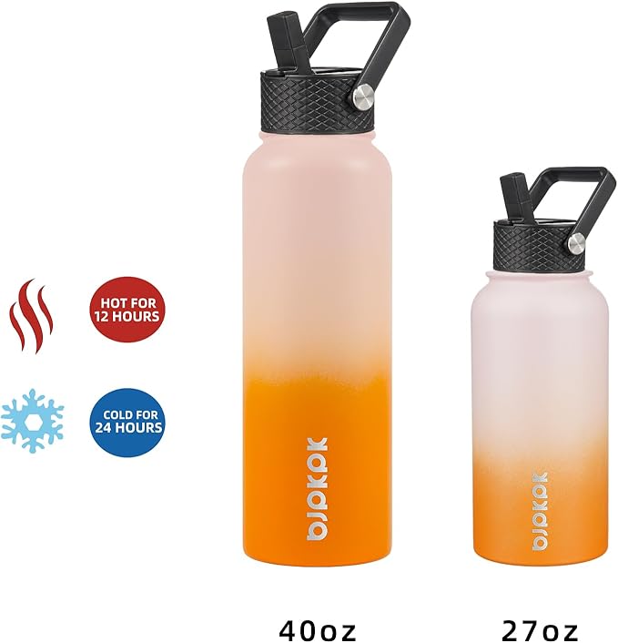 BJPKPK Insulated Water Bottles with Straw Lid, 27oz Stainless Steel Water Bottle with 3 Lids, Leak Proof BPA Free Metal Thermo, Mugs, Tumblers, Keep Cold Hot - Coral
