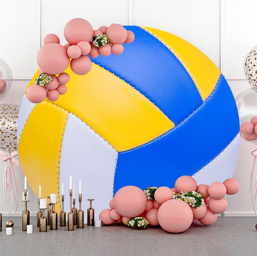 Leyiyi 5x5ft Abstract White Yellow Blue Colorful Volleyball Round Backdrop Cover Polyester Outdoor Sports Themed Photography Background Volleyball Party Photo Backdrop Birthday Party Deecorations