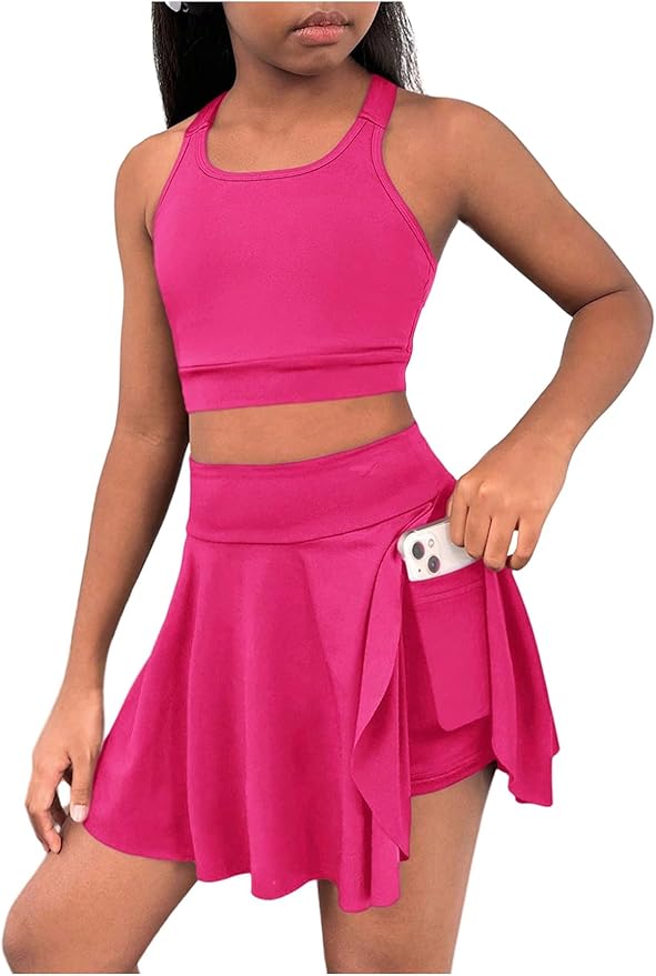 BEAUDRM Girl's 2 Piece Workout Outfits Yoga Crop Tank Top and Skort Athletic Sets Dance Outfits
