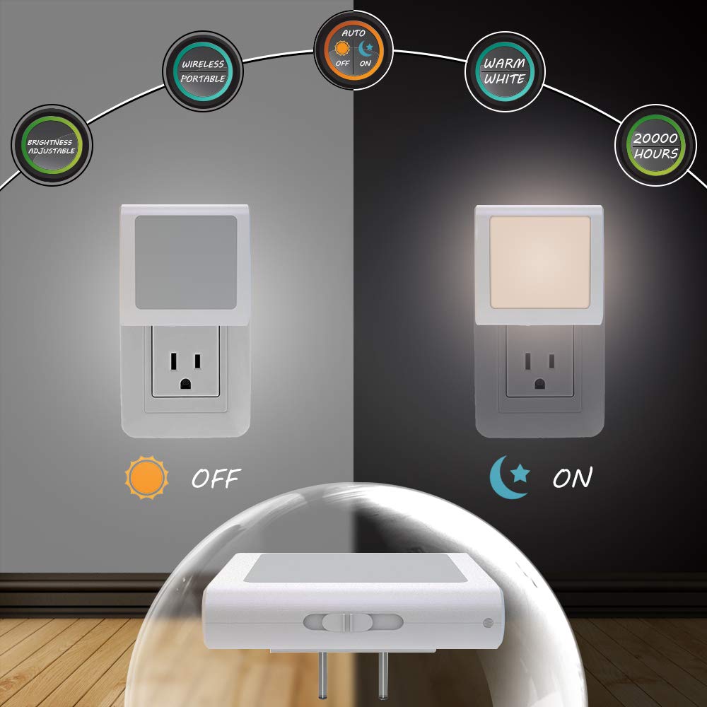 MAZ-TEK Plug-in LED Night Light with Dusk to Dawn Sensor, Adjustable Brightness, Warm White, 2 Pack, Model: maz-1