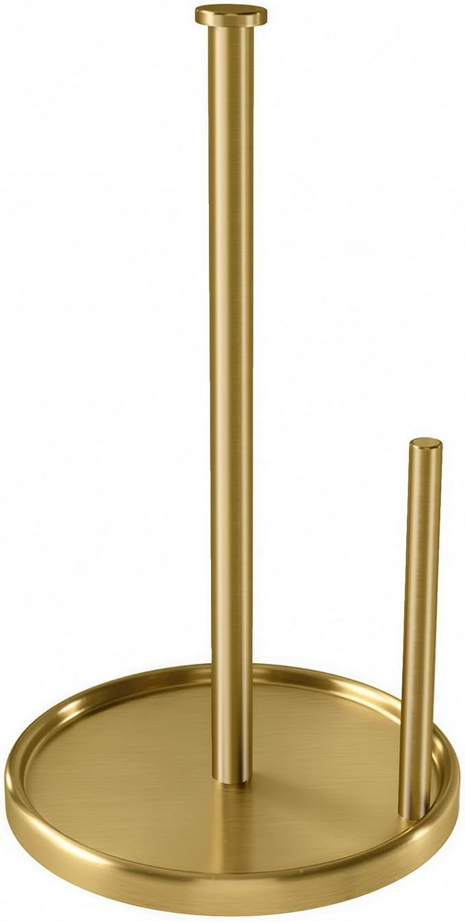 Paper Towel Holder Countertop, Standing Paper Roll Holder with Anti Slip Weighted Base, Stainless Steel Freestanding Paper Towel Holder for Kitchen, Gold