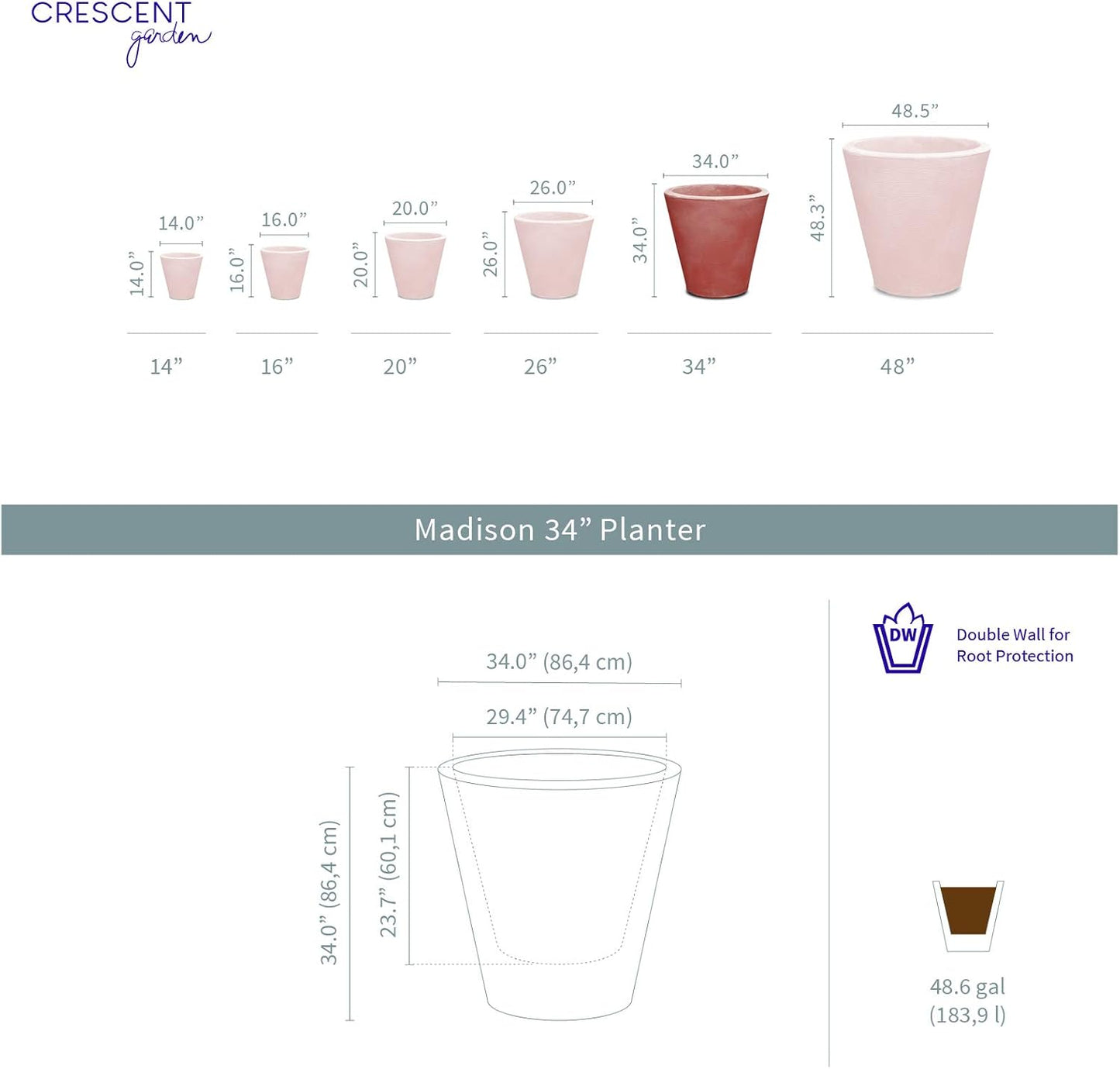 Crescent Garden Madison Planter– Weather-Resistant, Double Walled Indoor/Outdoor Plant Pot with Drain Hole – Extra Large Commercial Size Pot, 34" W (Cloud White)