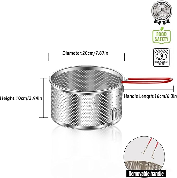 Stainless Steel Colander, Micro-Perforated Metal Pasta Strainer with Hook & Removable Handle, Colander Strainer Sieve for Kitchen French Fries Vegetable/Rice/Fruit/Food - 20cm/7.87in