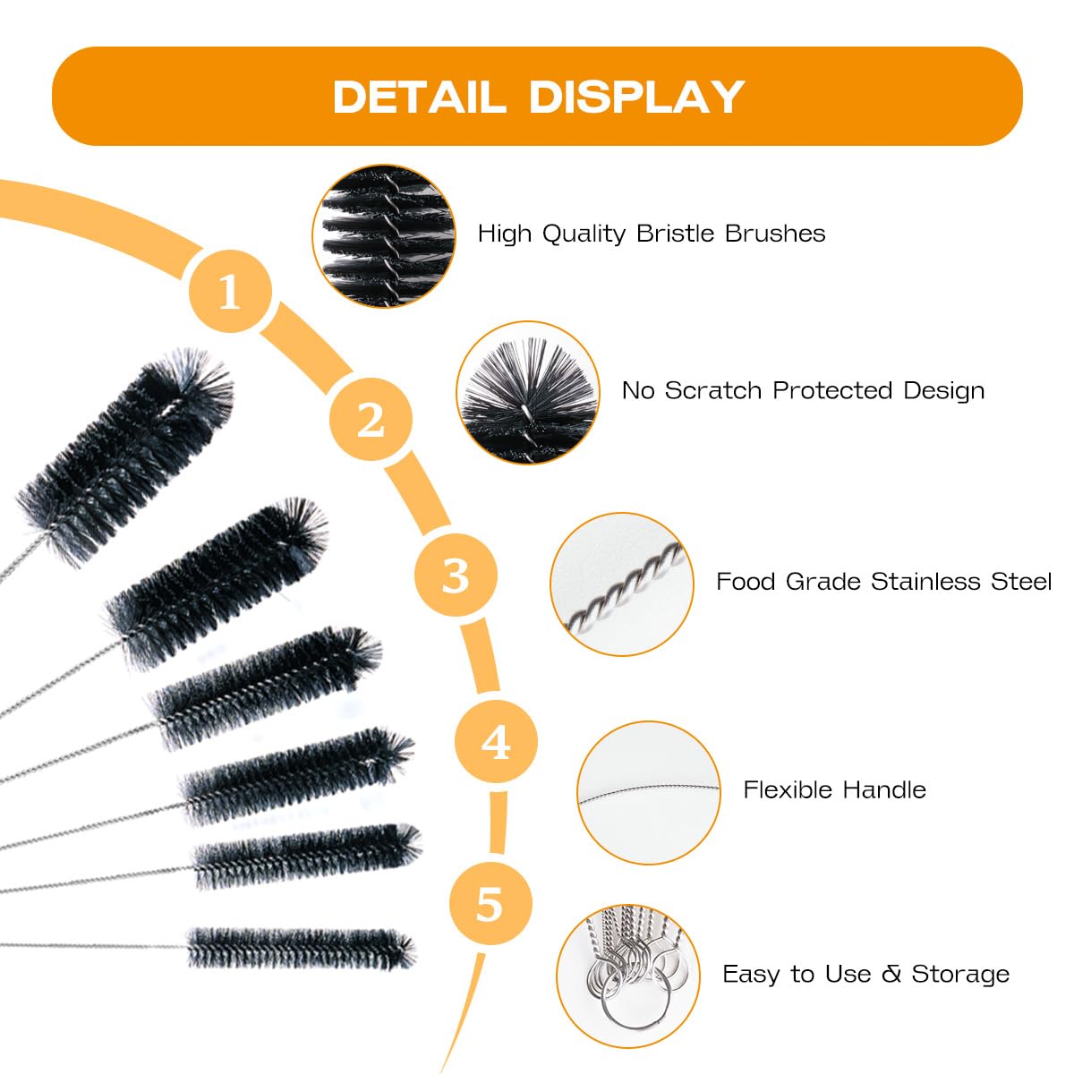Brush Family Straw Cleaner Brush Set,6 Piece 12" Long Pipe Tube Bottle Brushes for Cleaning Narrow Neck Bottles,Coffee Maker,Glass Cups