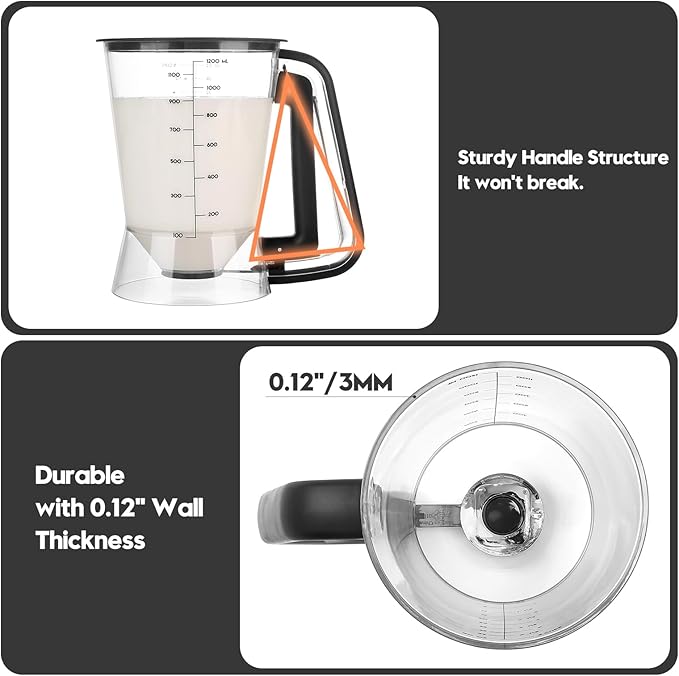 Pancake Batter Dispenser 5-Cup Batter Pourer for Maker Pancakes, Waffles, Crepes, Muffins, Cupcakes, Easy Squeeze Grip Handle with Proof Nozzle, Precise Baking Tools (Black)