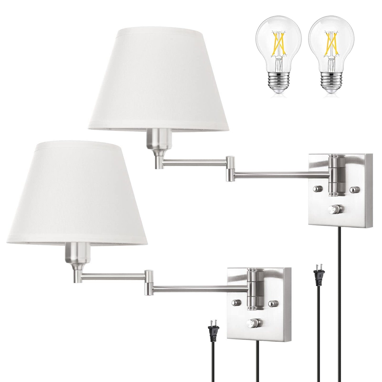 TRLIFE Wall Sconce Set of 2, Dimmable Brushed Nickel Swing Arm Lights, Medium White Fabric Shade, Model BYsconce-M-Whi