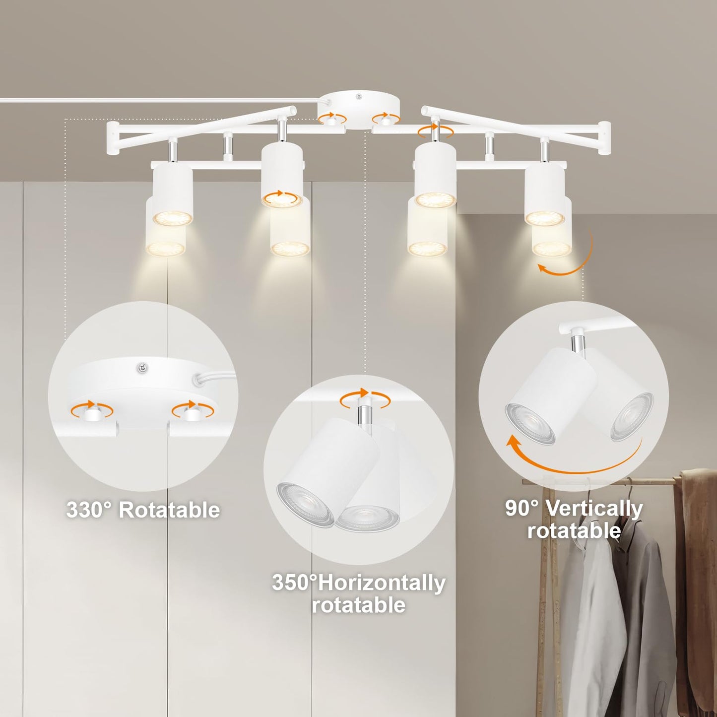 Track Lighting Plug In  Led Track Lighting Fixtures Ceiling Kit  White 8-Light Ceiling Light Plug-In  Wall Light With 15Ft Power Cord  Rotatable Kitchen Spotlight For Bedroom(Gu10 Socket  No Bulb)