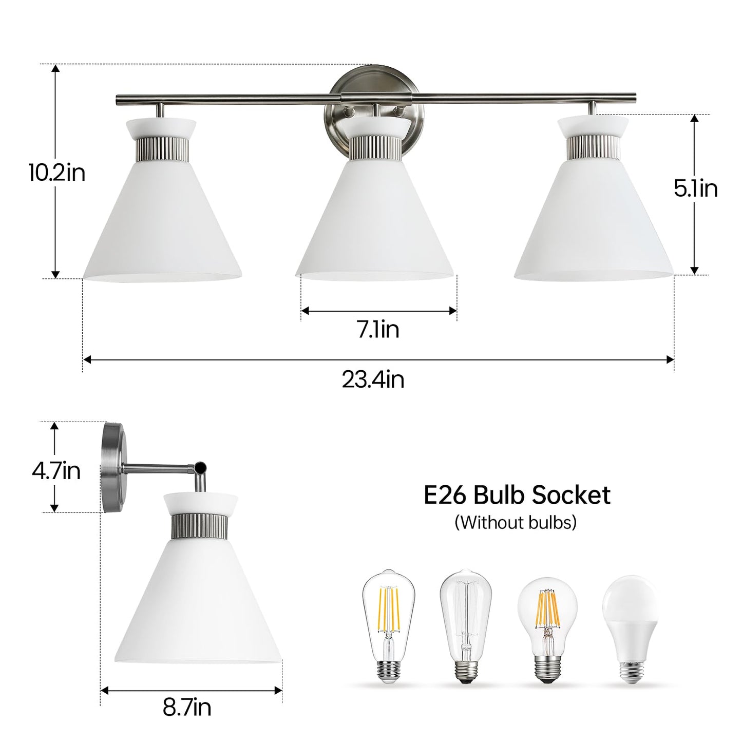 Woshitu Nickel Bathroom Vanity Light Fixtures: Vanity Lighting Fixtures Over Mirror 23.4 Inch With Milky White Frosted Glass  3-Lights Vanity Light Above Mirror Bathroom Wall Light(Exclude Bulb)