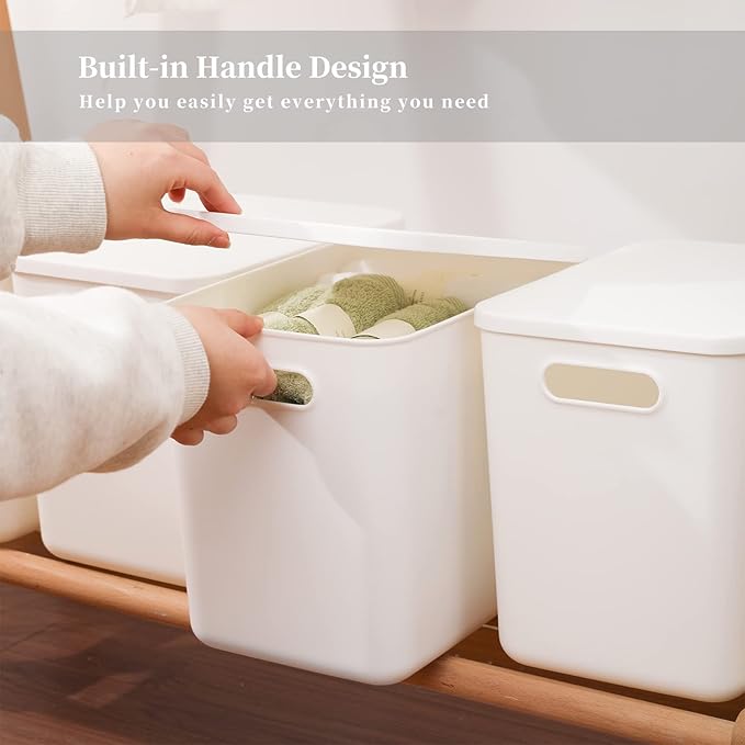 Plastic Storage Baskets Bins Boxes With Lids,Organizing Container White Storage Organizer Bins For Shelves Drawers Desktop Playroom Classroom Office,4-Pack