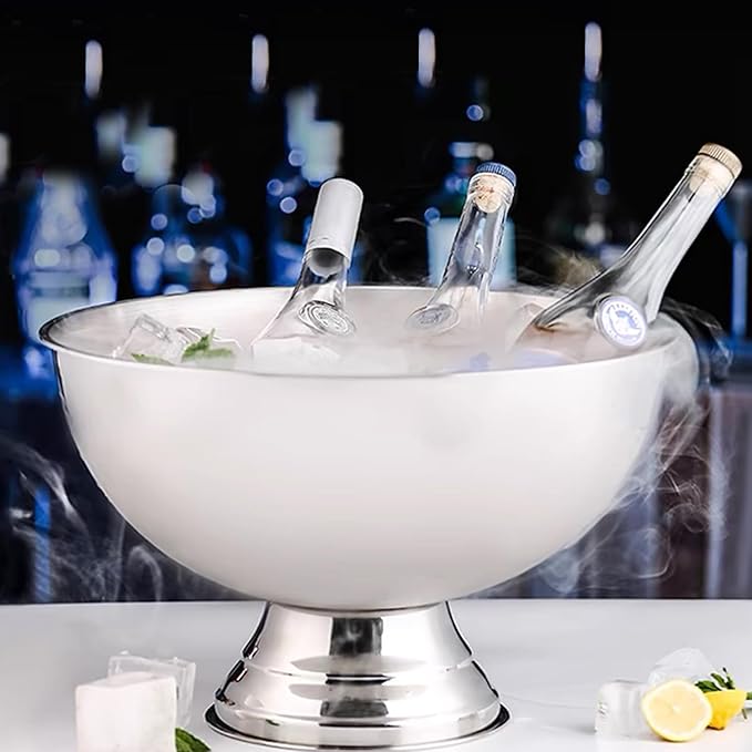 Large Ice Bucket 13L Stainless Steel Champagne Bowl Ice Bucket with Ice Scoop Semicircle Drink Tub with Integrated Base Silver Beverage Tub for Parties, Cocktail Bar, Chilling Wine,2Packs (2 packs)