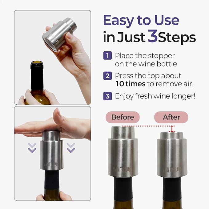 [2 PACK] Vintorio Wine Bottle Stoppers, Vacuum Wine Stoppers, Reusable Wine Preserver, Wine Corks Keep Fresh
