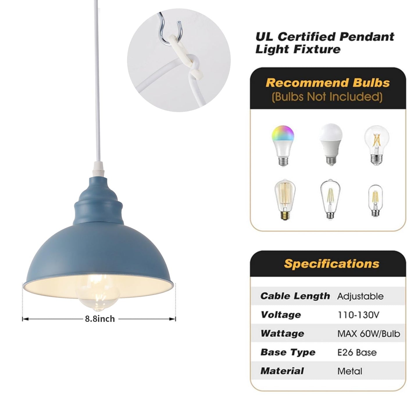 SoodMi Plug-in Pendant Light, Industrial Metal Hanging Lamp with On/Off Switch, 15FT Cord, Blue, Model PDL-012