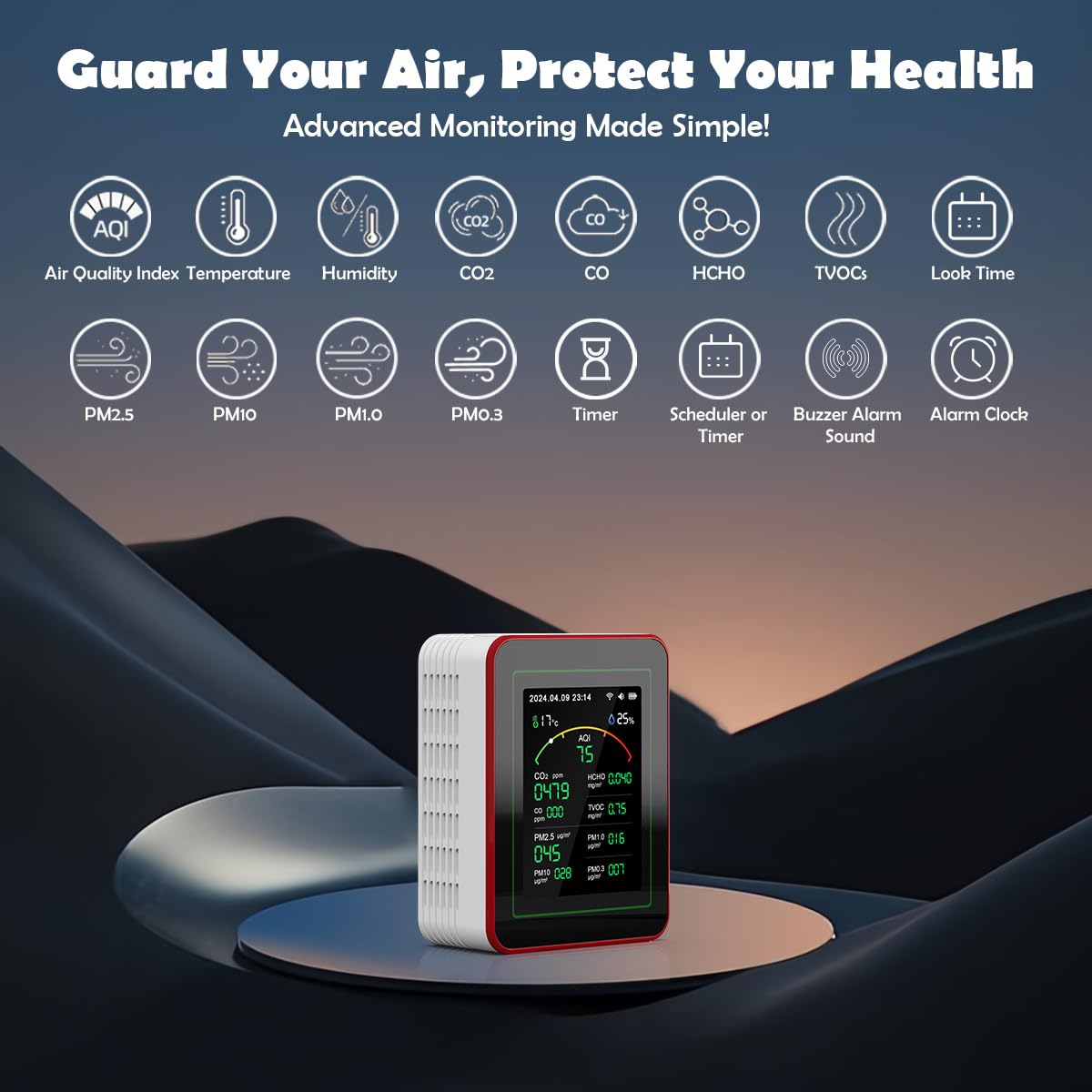 Professional 15-in-1 Air Quality Monitor with Smartphone APP - Dual Chip - Sensors Detect CO2, PM2.5/PM10, HCHO, TVOC | Real-Time Alerts & Custom Thresholds | for Home, Car, Office, Plants, Pets