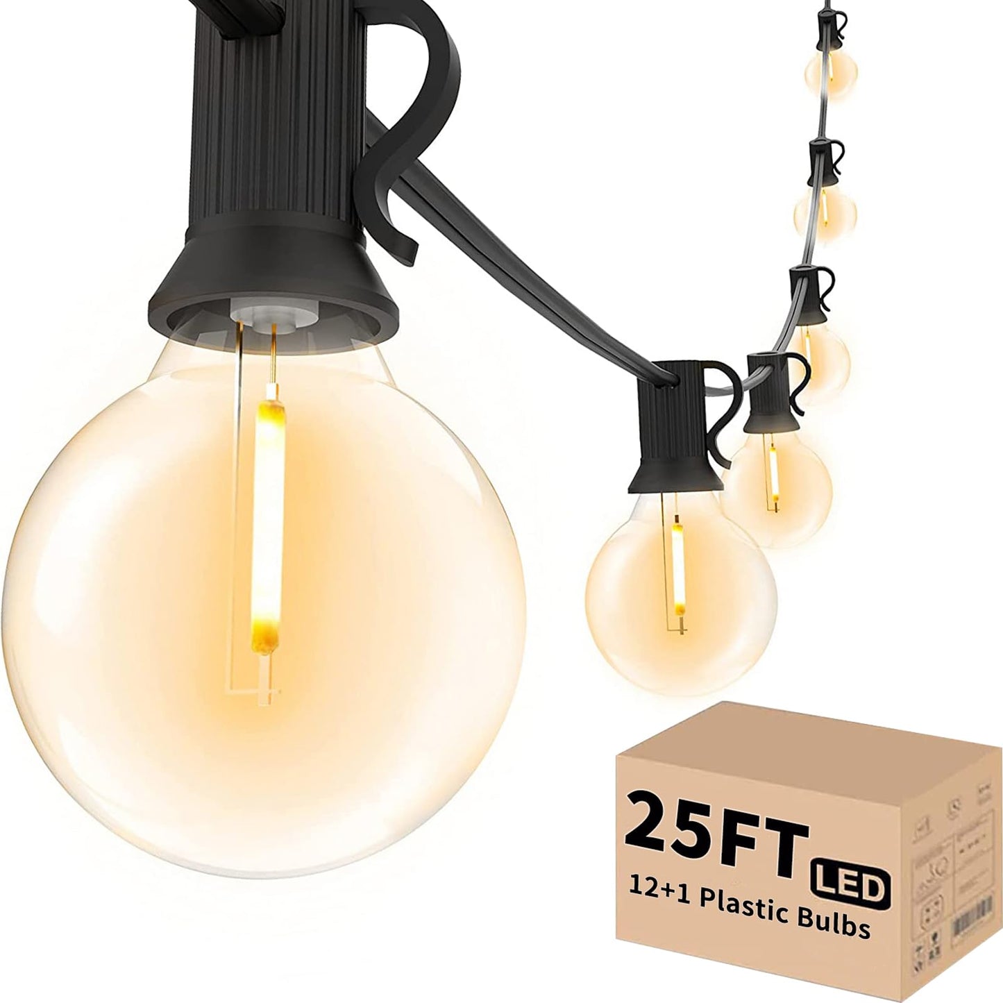 Svater Outdoor String Lights 25ft, Shatterproof, Warm White, Waterproof, 2ft Bulb Space, IP45