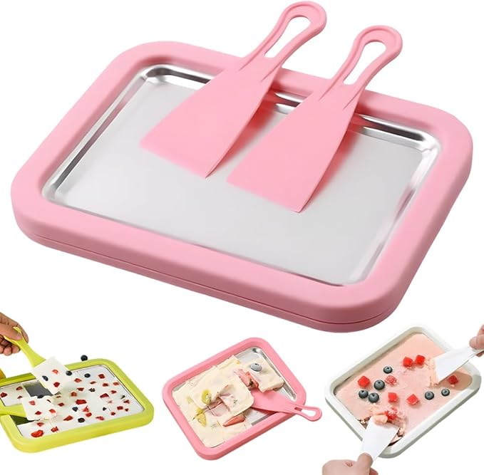 Rolled Ice Cream Maker Kit, 2026 New At-Home Stainless Steel Instant Freeze Plate with 2 Scrapers, DIY Rolled Ice Cream Tray, Perfect for Family Fun, Easy Homemade Desserts (Pink)