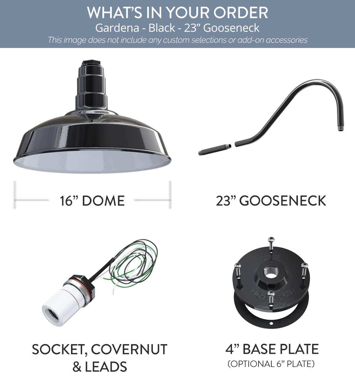 Steel Lighting Co. Gardena Barn Light - 16 Dome Outdoor Wall Mount - 23 Gooseneck - Black Steel With White Interior
