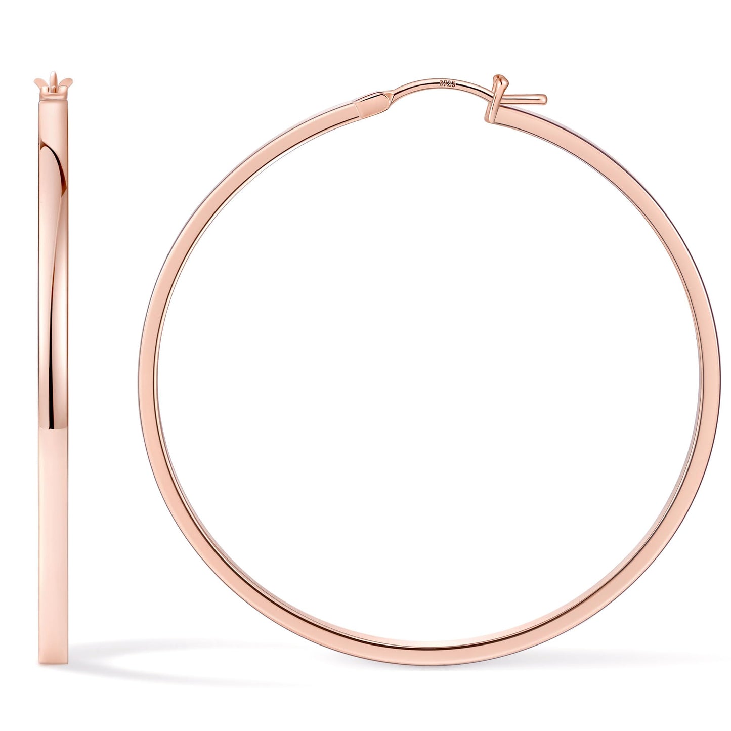 Gacimy Rose Gold Hoop Earrings for Women, 14K Real Rose Gold Plated Flatted Hoops with 925 Sterling Silver Post, 50mm Big Earrin