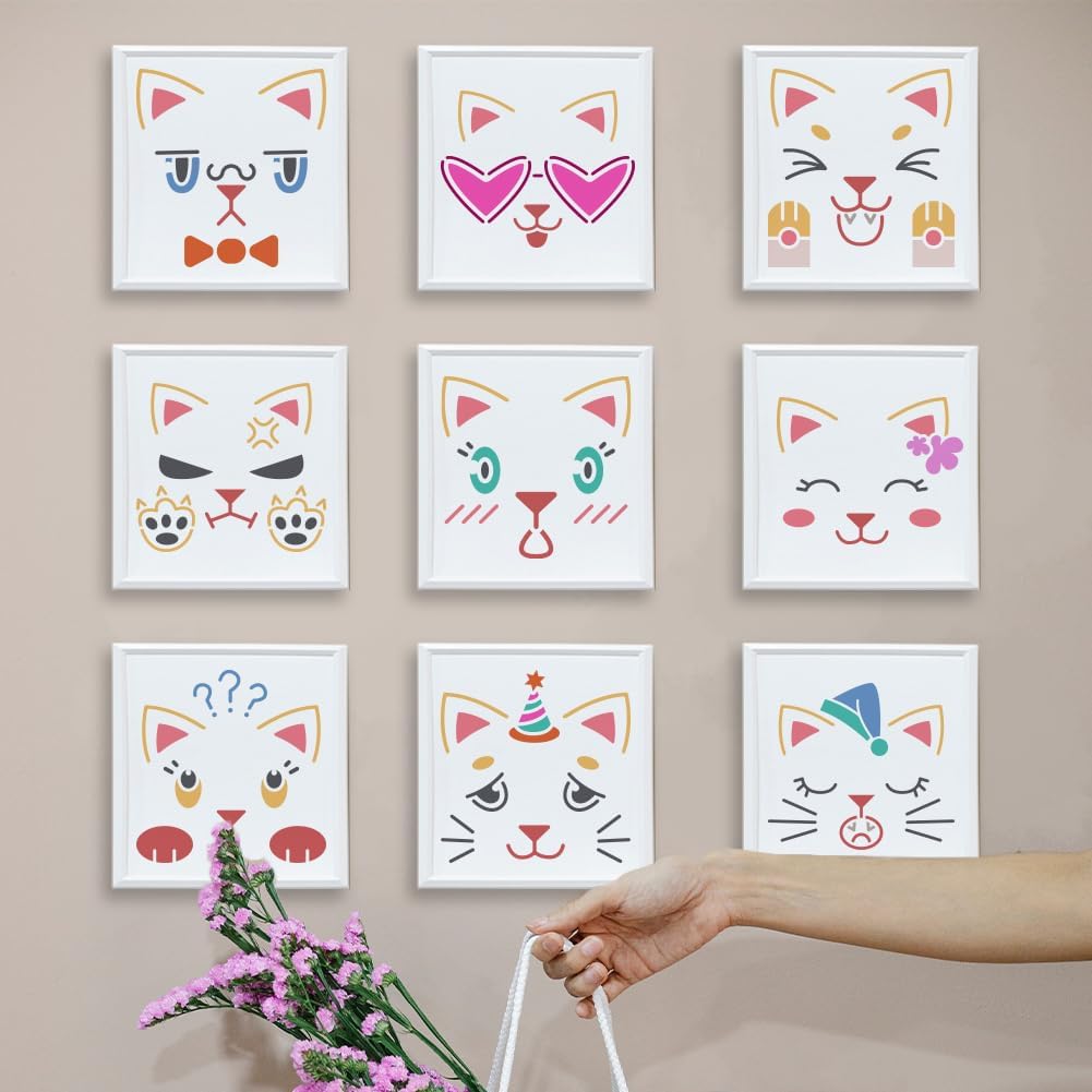 MAYJOYDIY 9pcs Cat Emotion Stencil 6×6inch Cute Cat Face Stencil Reusable Animal Pet Cat Themes Drawing Template with Paint Brush for Art Crafts Canvas Furniture Wall Wood