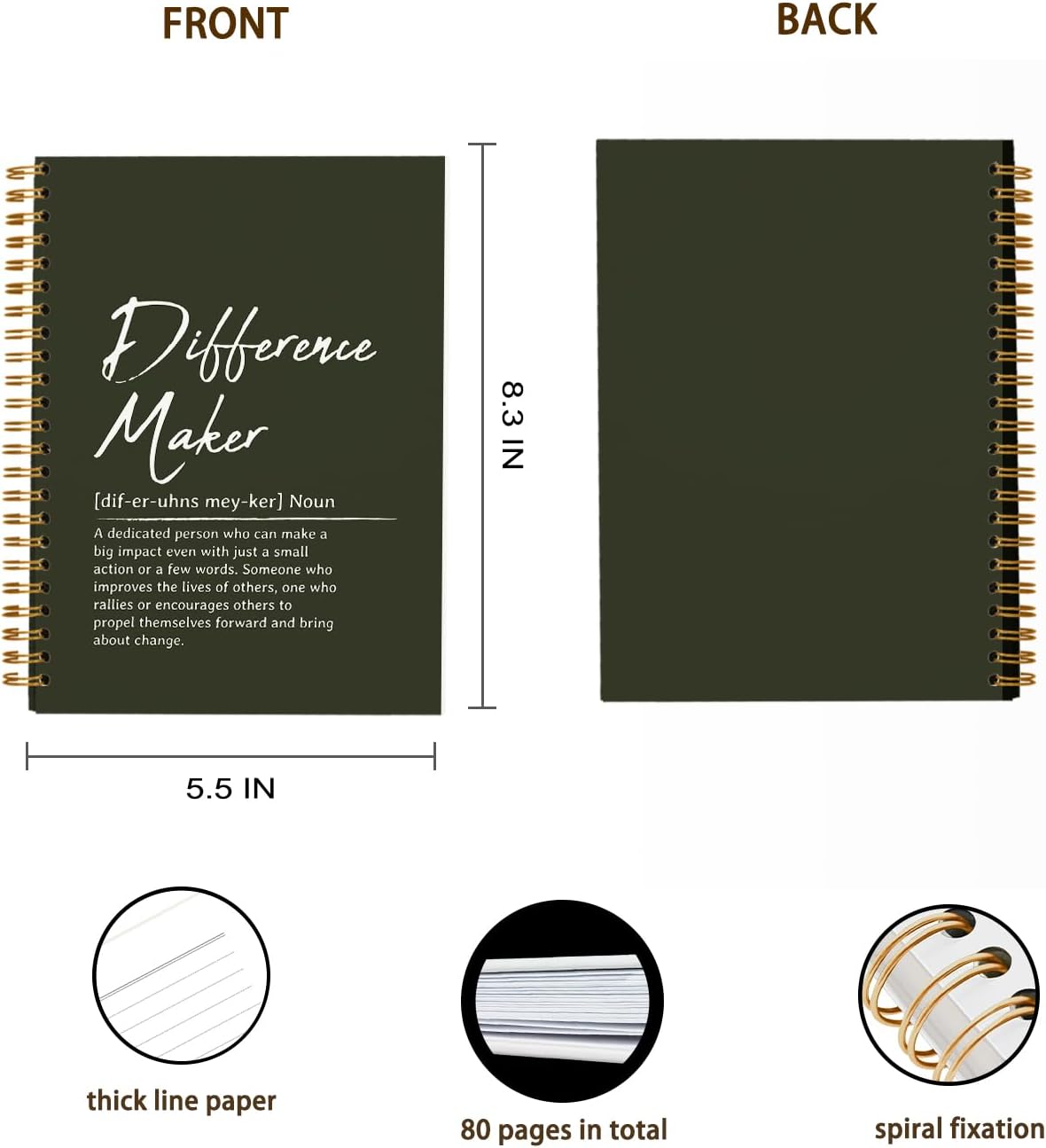OXW Difference Maker Gift Notebook Journal, Office Notebook for Work, Thank You Gifts for Leader Mentor Boss, Leadership Gifts Journal, Olive Gren Spiral Notebook 5.5 x 8.3