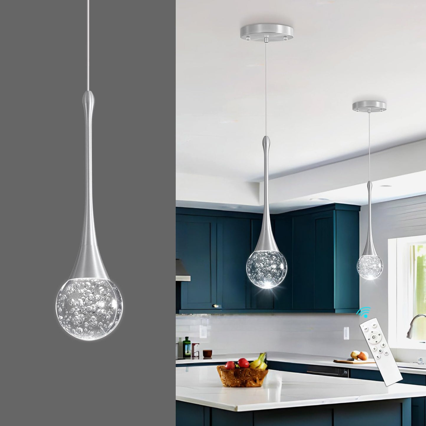 Cenozo Modern Pendant Lights For Kitchen Island Led Dimmable Crystal Glam Ceiling Pendant Lighting For Dining Room Hallway Bedroom Corner Lamp Brushed Nickel