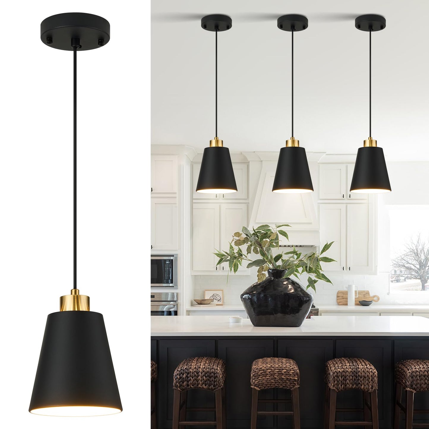Lamknvs Matte Black Mini Pendant Light 7.87In Cone Kitchen Island Pendant Lighting With Gold Modern Hollow Shade Hanging Light Fixture For Kitchen Dining Room Bar 63 Adjustable Cord  1 Pcs