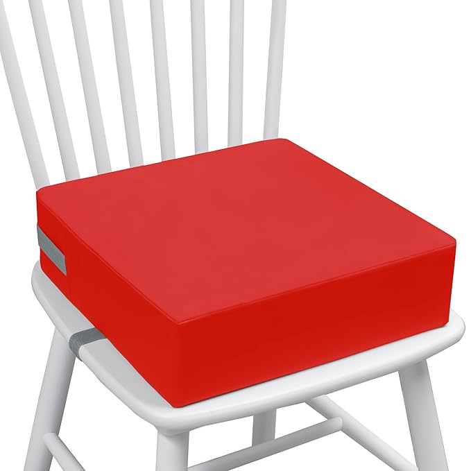 Toddler Booster Seat for Dining Table, 2 Elastic Seat Belts, Anti Scratch PU Skin-Friendly, Waterproof, Anti-Wrinkle, Detachable Non-Slip Bottom - Red