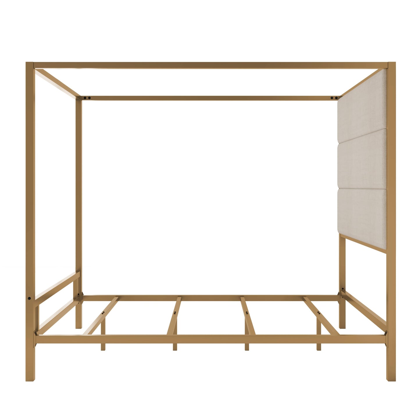 Merax Queen Size Gold Metal Canopy Bed Frame, 76.5" Tall Linen Upholstered Headboard, 4-Poster Bed with 800 lbs Capacity, Box Spring Required for Bedroom, Gold+Tan