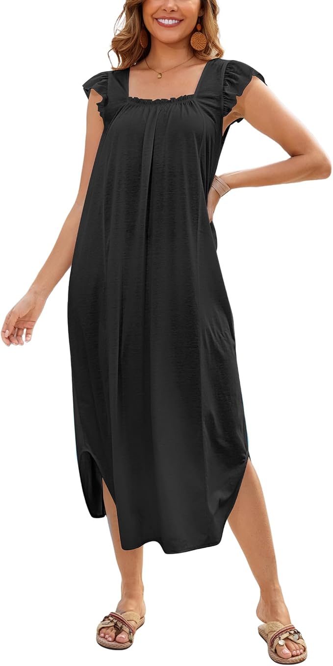 Bsubseach Long Beach Cover Ups for Women Ruffle Cap Short Sleeve Swimsuit Coverup Casual Square Neck Maxi Dresses