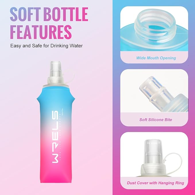 Collapsible TPU Soft Flask,Reusable Handheld Soft Water Bottle for Hydration Pack,BPA Free Gradient Folding Water Flask for Running Cycling Climbing (Light Blue&Pink-250ml*2)