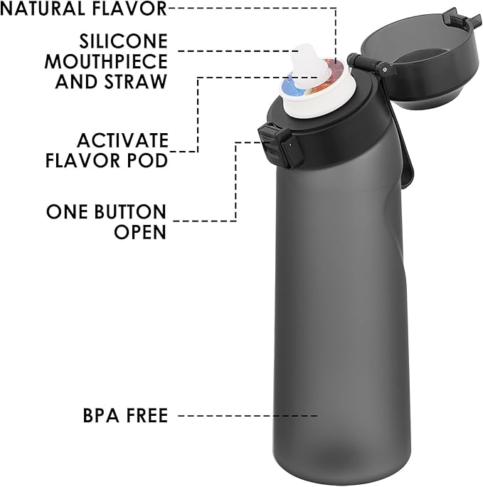 Air Water Bottle 13PCS Flavor Pods 22oz Fruit Fragrance Scented Water Cup BPA Free 0% Sugar For Outdoor Sports,Gifts From Friends (1 bottle Matte Black+12 pods in random flavors)