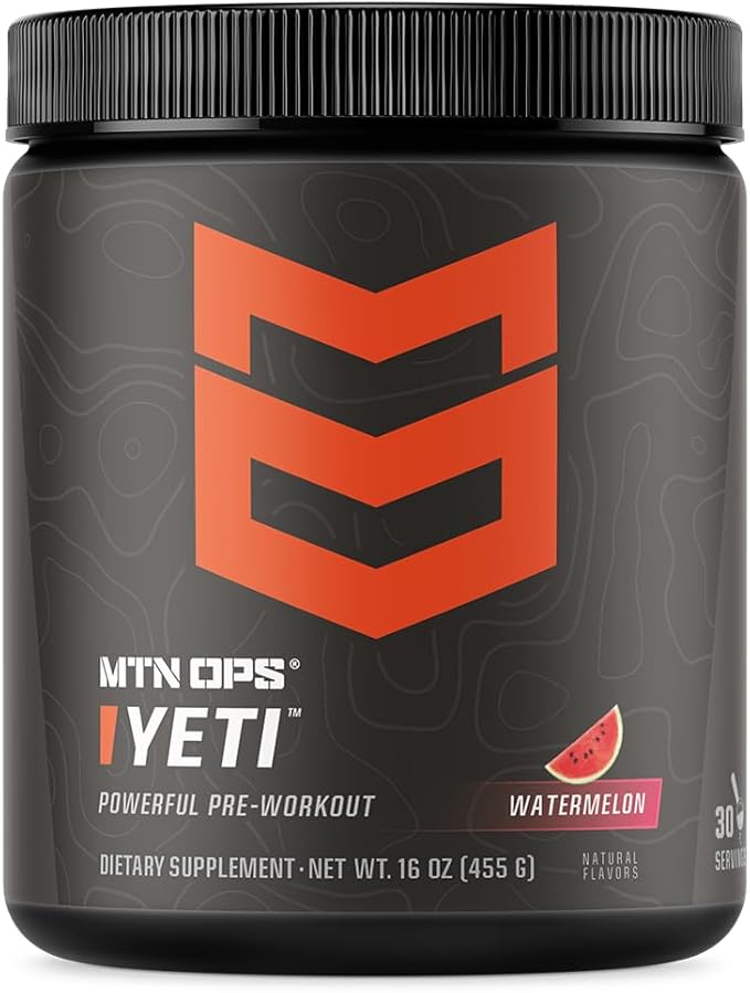 MTN OPS Yeti Pre-Workout Powder Energy Drink with Creatine, 200mg Caffeine & BCAAs with Beta Alanine, 30-Serving Tub, Watermelon