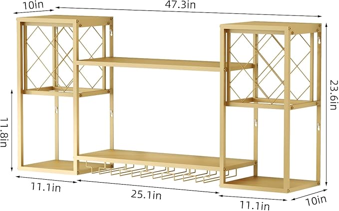 Wall Mounted Wine Rack, Multi Functional Bar Shelves for Liquor Bottles with Glass Holder, Modern Metal Bar Shelves Wall Mounted for Home Bar, Kitchen (Gold, 47.3" L x 9.9" W x 23.6" H)