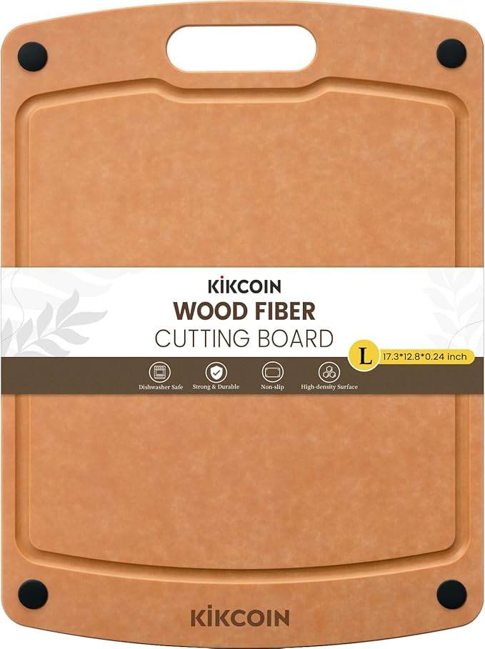 Kikcoin Wood Cutting Board, Cutting Boards for Kitchen Dishwasher Safe Non-slip Chopping Board with Juice Groove, Wood Fiber Composite Cutting Board with Handle, 17.3"*12.8"