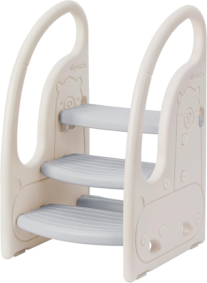 Toddler 3 Step Stool Onasti Kids Standing Tower for Toddlers Plastic Learning Helper Stool for Kitchen Counter Bathroom Sink Toilet Potty Training with Handles and Non-Slip Pads-Grey White