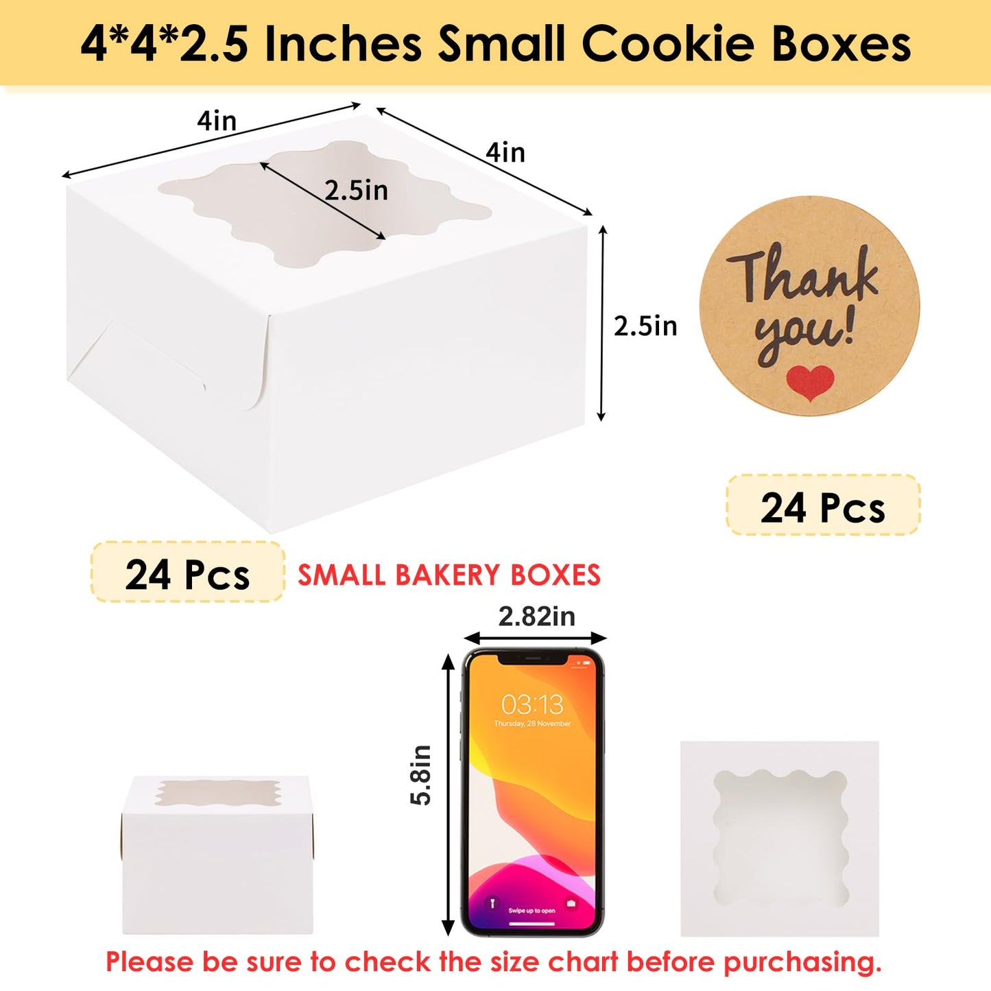 Moretoes Bakery Boxes with Window, 24pcs 4x4x2.5 Inches Bakery Boxes with Stickers for Small Cookies, Treats, Desserts, Chocolate Covered Strawberries, Mini Cake