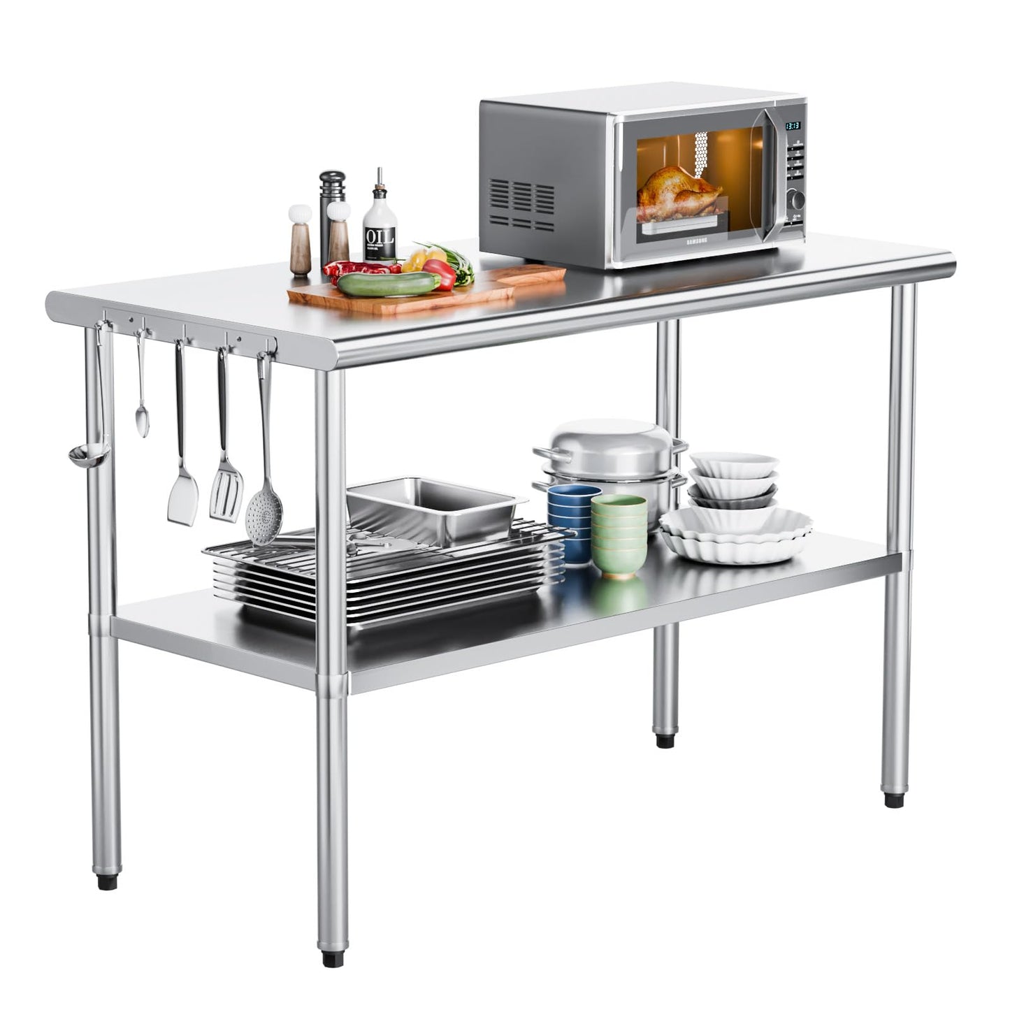 ROVSUN 48'' x 24'' Stainless Steel Table for Prep & Work,Commercial Worktables & Workstations, NSF Heavy Duty Metal Table with Adjustable UnderShelf for Kitchen, Restaurant, Home, Hotel, Outdoor