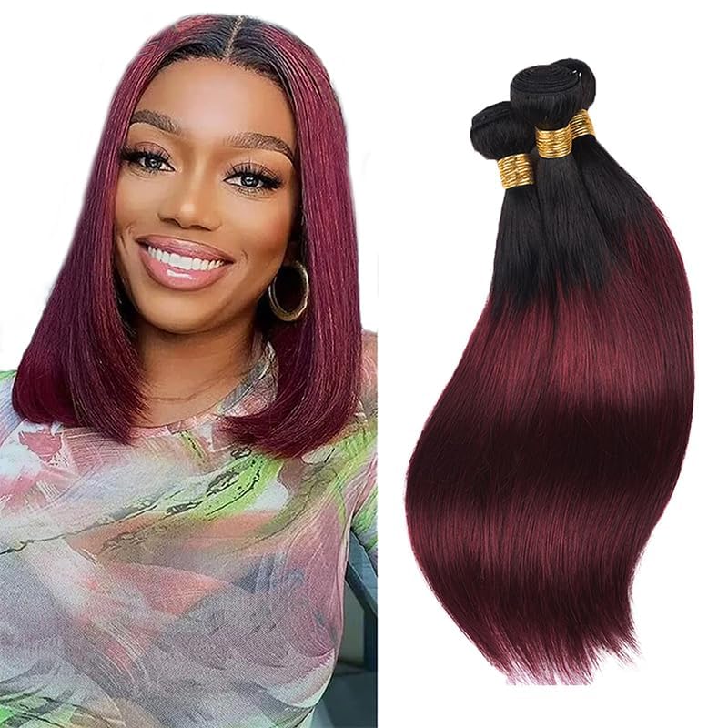 Peenoll 24 26 28 Inch Straight Wave Human Hair Bundles Omber Burgundy 99J Weave Bundles Human Hair 12A Unprocessed Brazilian Vir