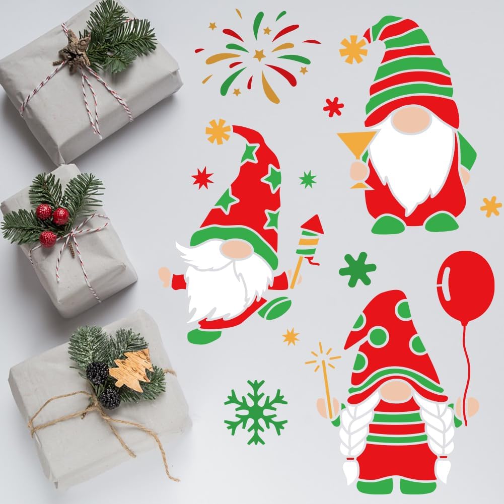 MAYJOYDIY 3pcs Happy New Year Gnome Stencil 11.8×11.8inch Reusable Christmas Gnome Stencils Fireworks Snowflakes Template with Paint Brush for Craft Wood Wall Home Decor