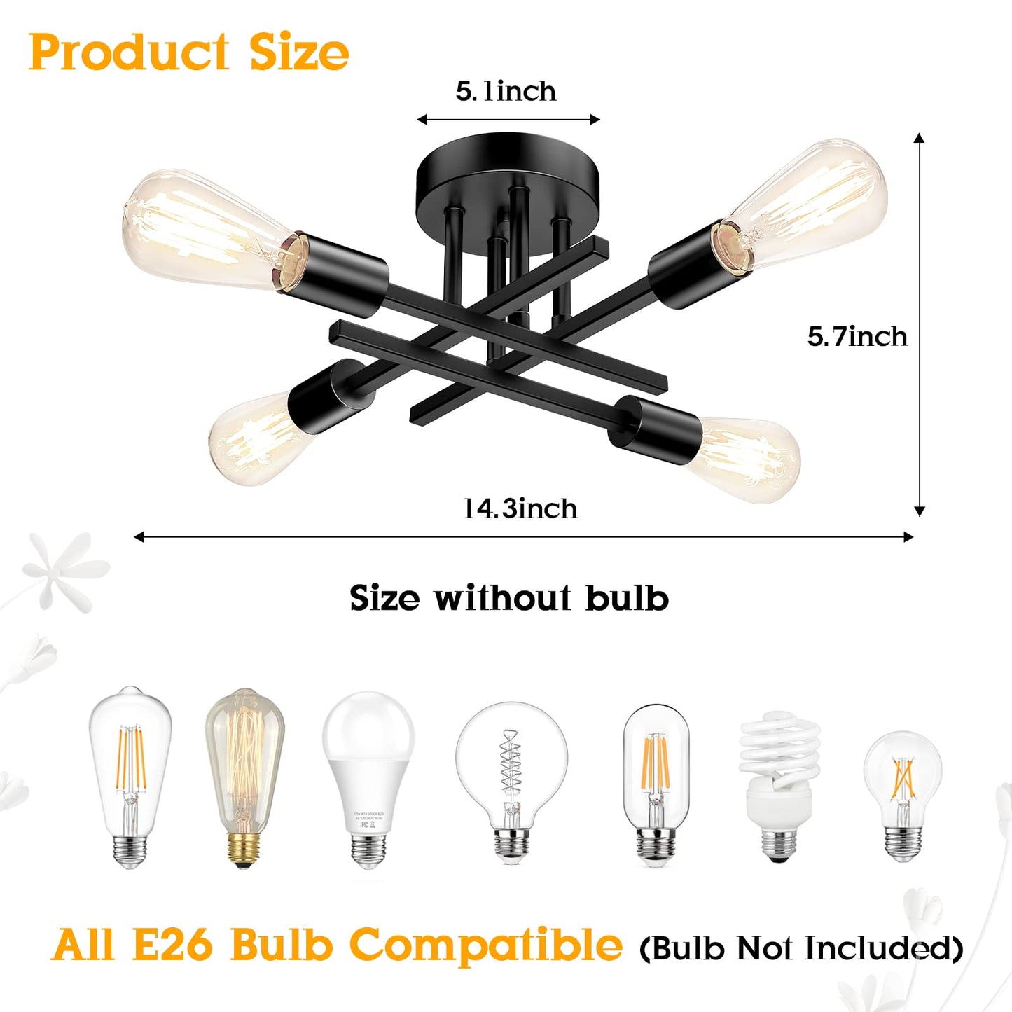TOBUSA Semi Flush Mount Ceiling Light, 4-Light E26, Matte Black, Modern Design, Model C3116-04-BK