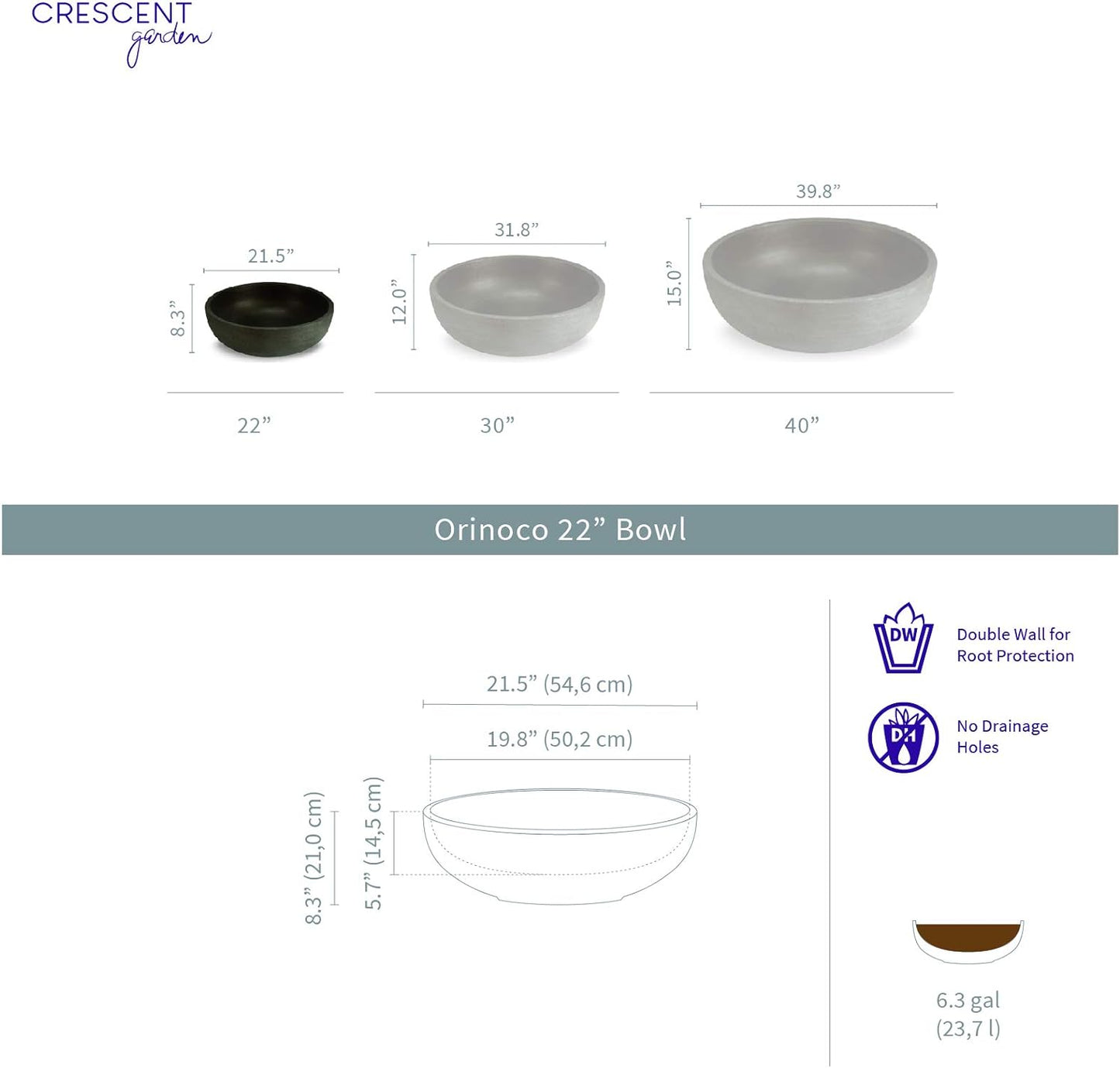 Crescent Garden Orinoco Planter Bowl – Double-Walled Resin Pot for Succulents, Flowers Without Drain Hole - 21" W x 8.25" H (Weathered Concrete)