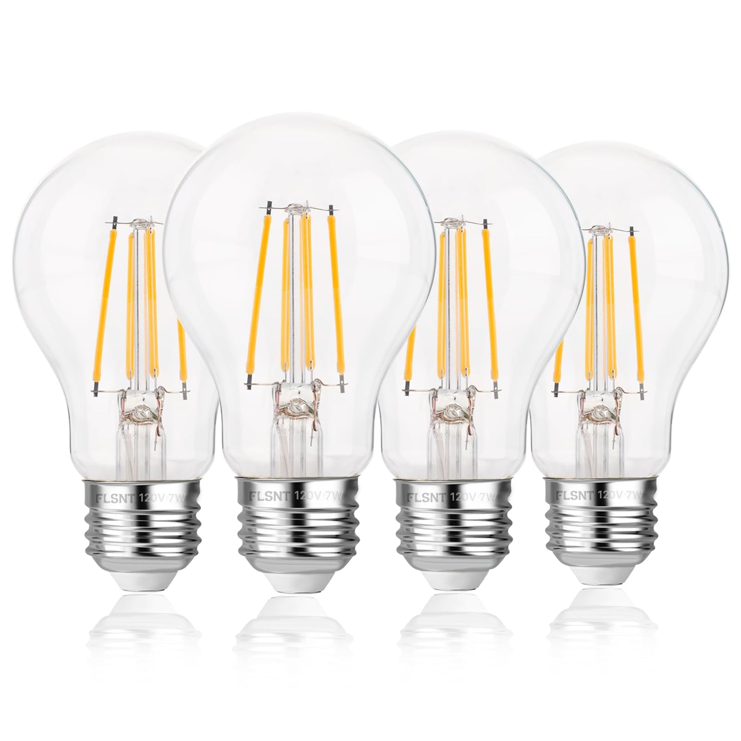 FLSNT 60W Equivalent Dimmable A19 LED Light Bulbs, Efficient 7W, 800Lumens, 2700K Soft White, CRI82, E26 Standard Base, 15000 Hours, LED Filament Light Bulbs, Clear Glass, 4 Pack