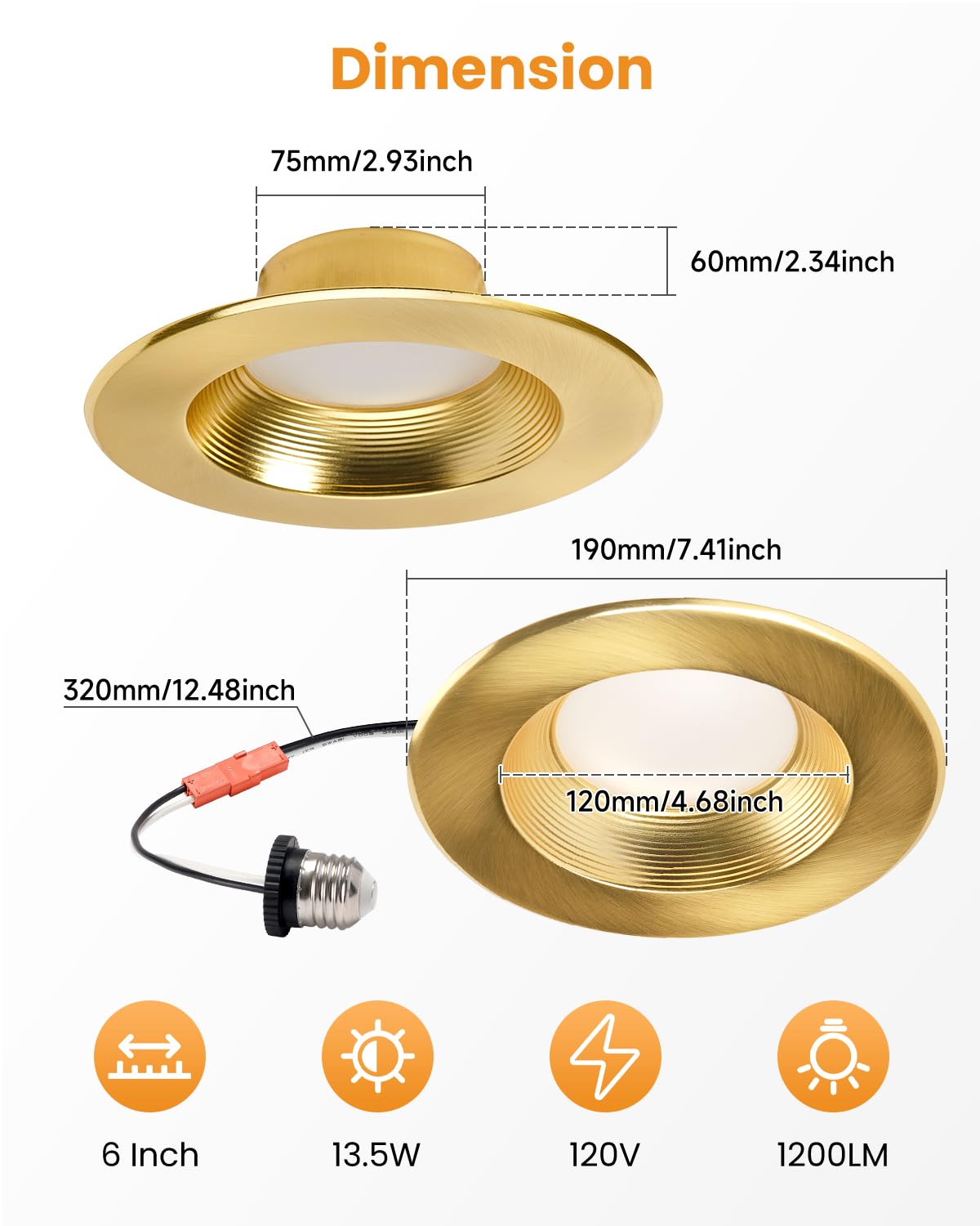 Wembanma 5/6 Inch Led Can Lights - Retrofit Recessed Lighting  5Cct Selectable Dimmable Recessed Lighting  13.5W 1200Lm Can Light With Metal Smooth Baffle Trim  6Inch 12P Gold