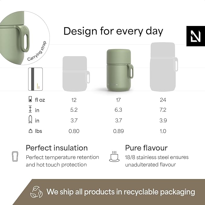 LARS NYSØM Stainless Steel Vacuum Insulated Food Jar - Leakproof Lunch Pot & Lunch Jar for Hot and Cold Food, Wide Mouth, Portable Soup Container for Work & Travel (Sage Green, 17oz)