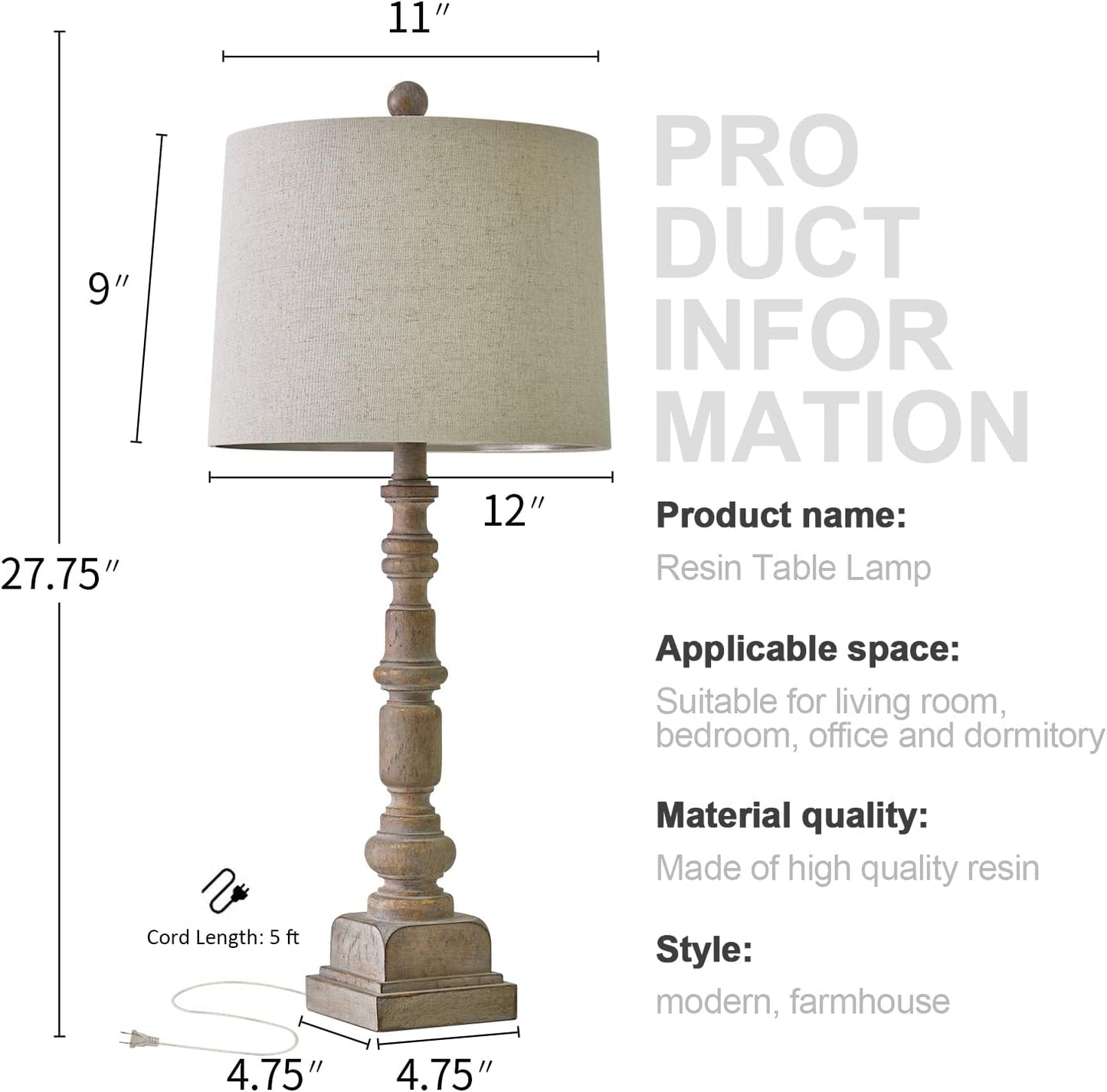 Oneach 27.75" Vintage Farmhouse USB Table Lamps Set of 2 for Living Room Bedroom Traditional Bedside Nightstand Lamp with Dual USB Port Resin Table Lamp with Rotary Switch for Living Room Bedroom