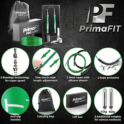PrimaFIT Jump Rope Pro Speed Skipping Rope Adjustable Adult Jumping Rope Weighted Aluminium Handles for Double Dutch Boxin...