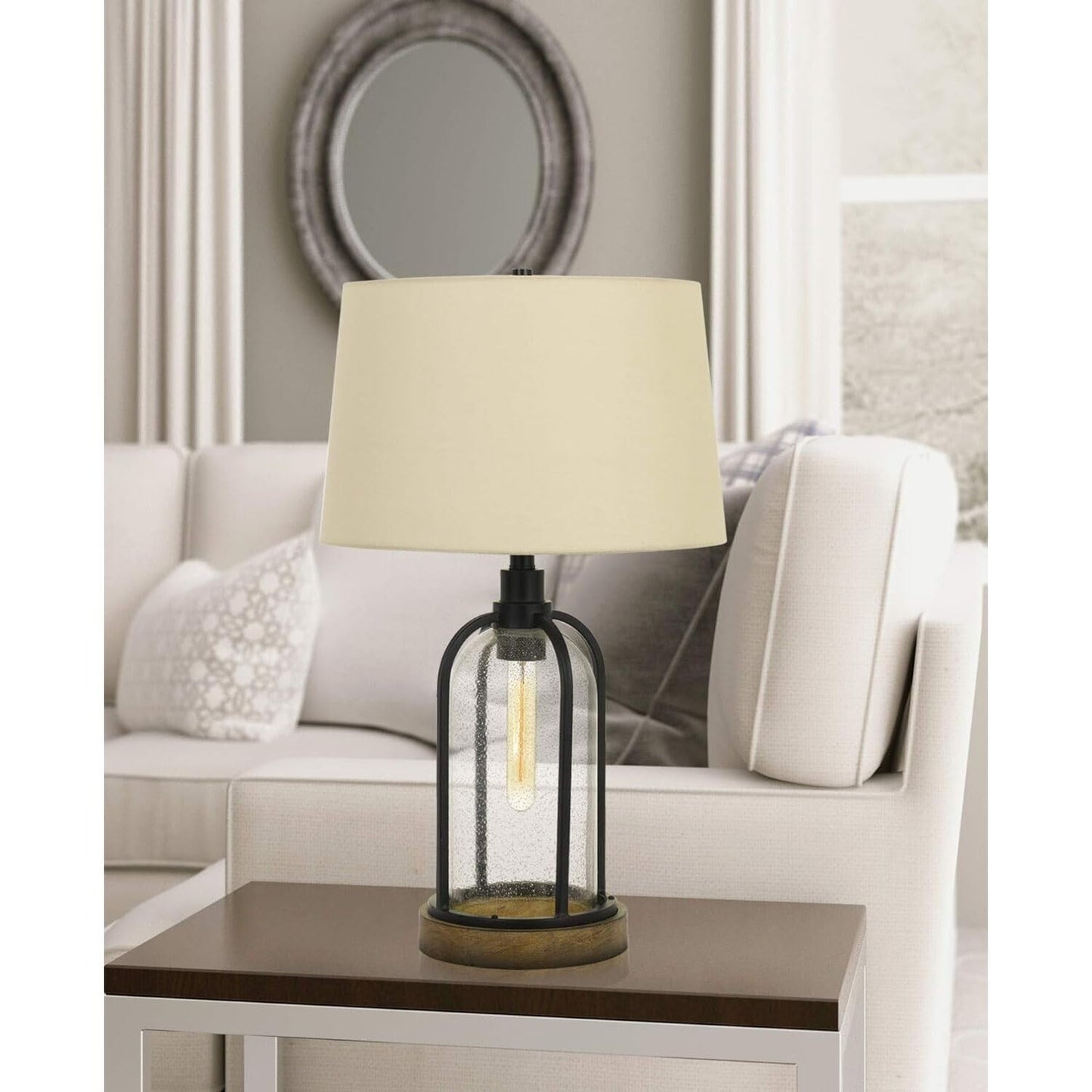 Cal 100W Table Lamp with 25W Night Light, Metal/Pine Wood, Black/Wood, Model BO-2840TB, Edison Bulb Included