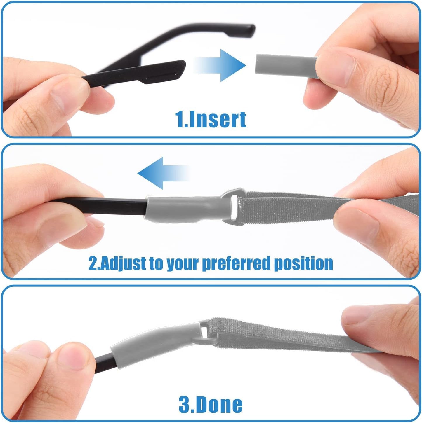 Enenfly Adjustable Glasses Straps - 3 Pack No Tail Eyewear Retainer for Men, Women, Kids – Fits Eyeglasses & Sunglasses,Grey(7.5-13.5 inch)
