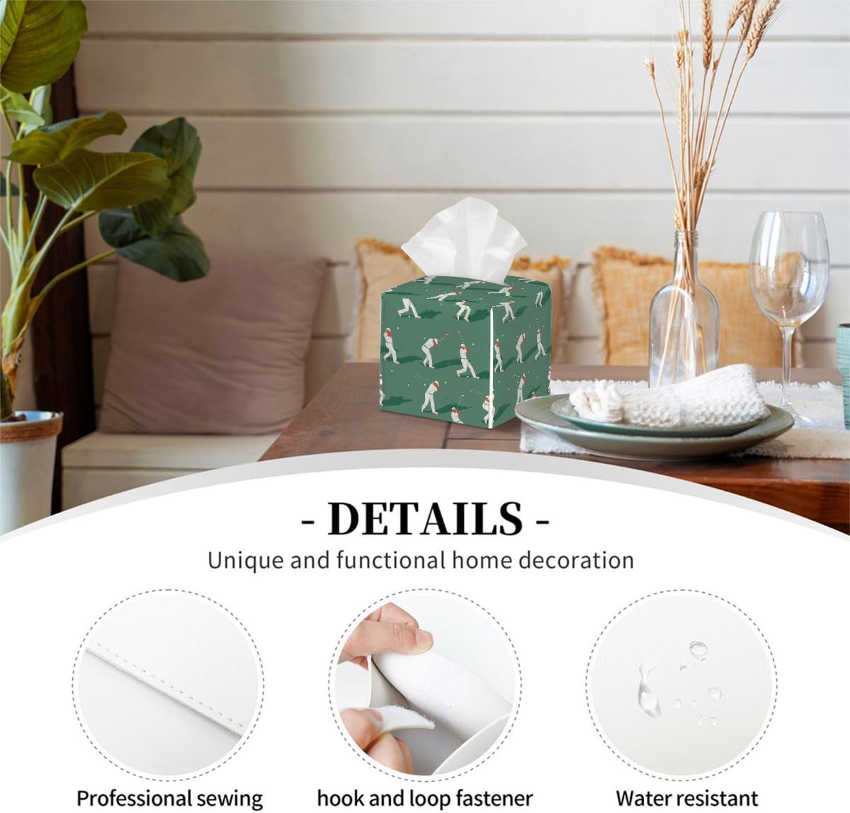 Square Leather Tissue Box Cover, Waterproof Napkin Dispenser with Golf Player Print, Tissue Holder for Bathroom, Living Room, Bedroom, Office, and Car Decor